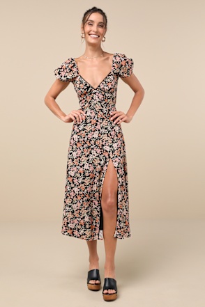 knee length dresses for ladies Cream Puff Sleeve Back Tie Dress S