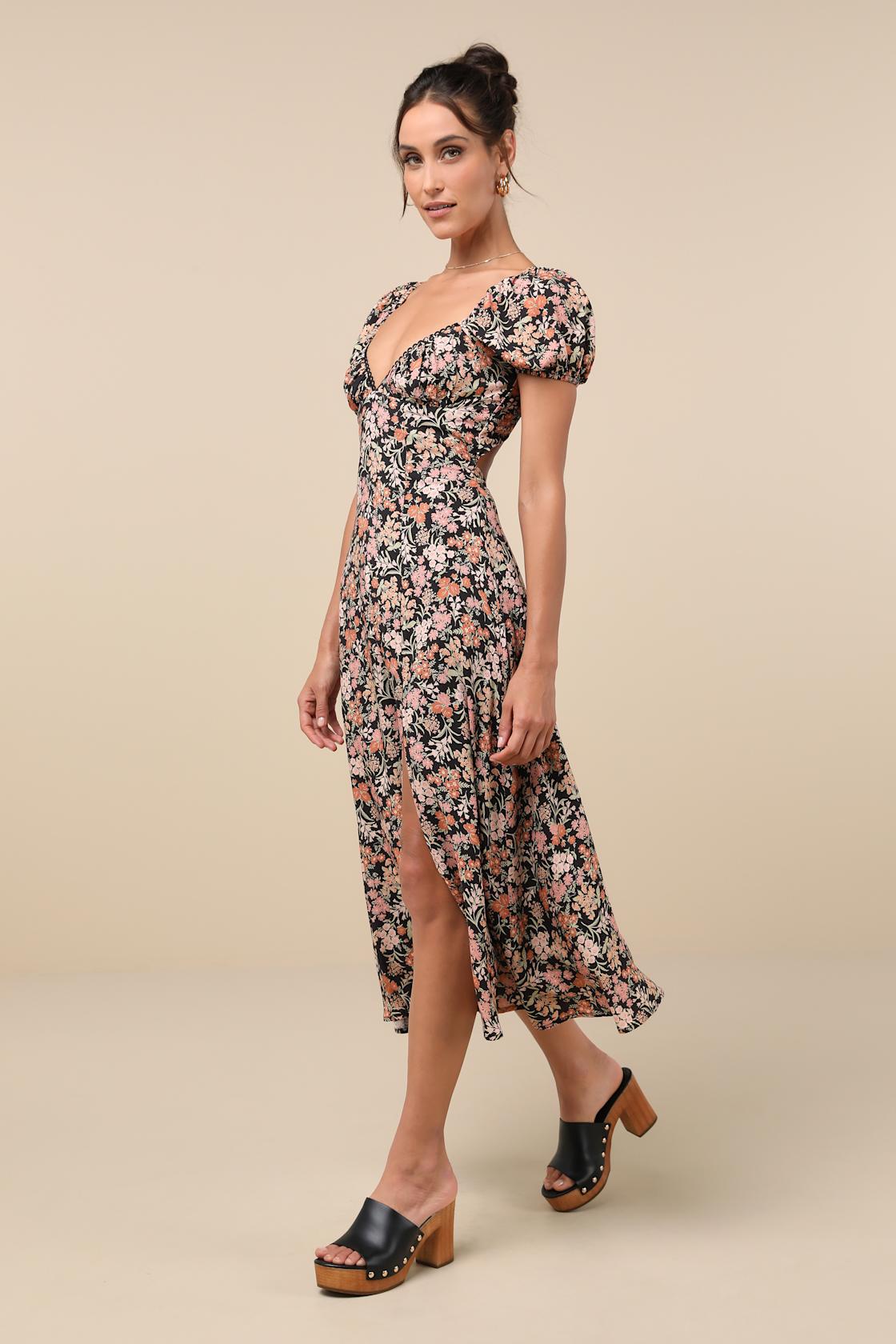 Meadow Muse Black Floral Tie-Back Puff Sleeve Midi Dress