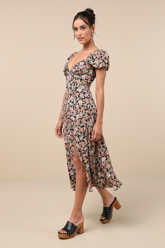 Meadow Muse Black Floral Tie-Back Puff Sleeve Midi Dress 11