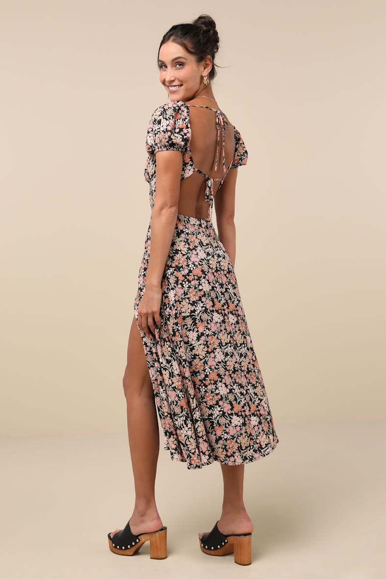Meadow Muse Black Floral Tie-Back Puff Sleeve Midi Dress