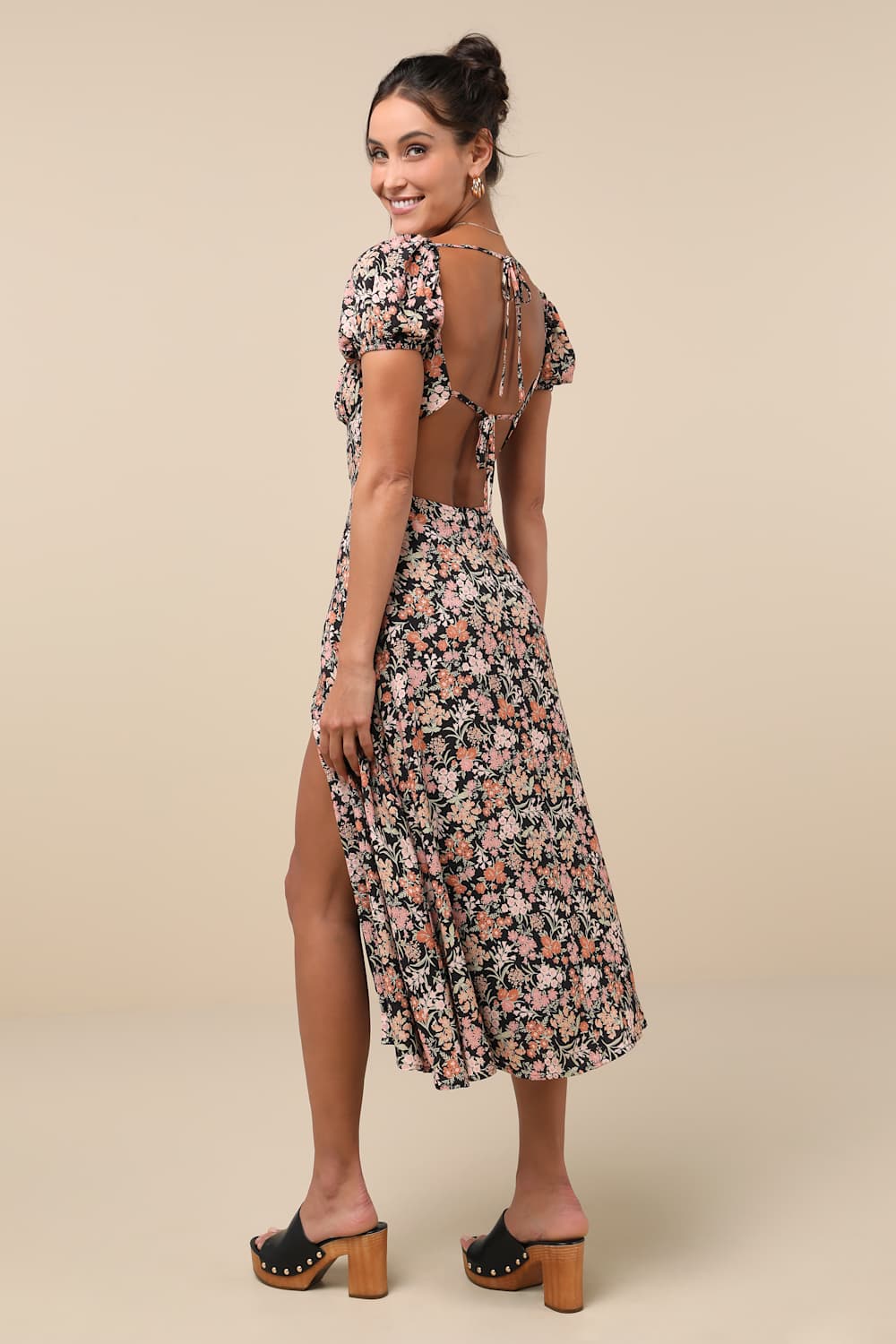 Meadow Muse Black Floral Tie-Back Puff Sleeve Midi Dress