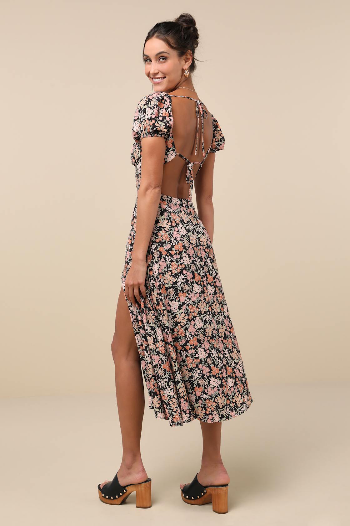 Meadow Muse Black Floral Tie-Back Puff Sleeve Midi Dress