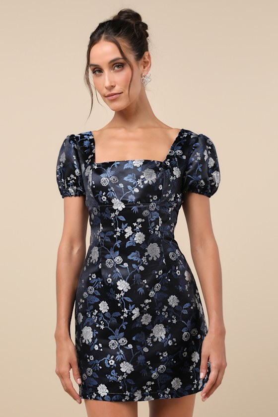 Black Floral Dress - Jacquard Puff Sleeve Dress - Mini Dress