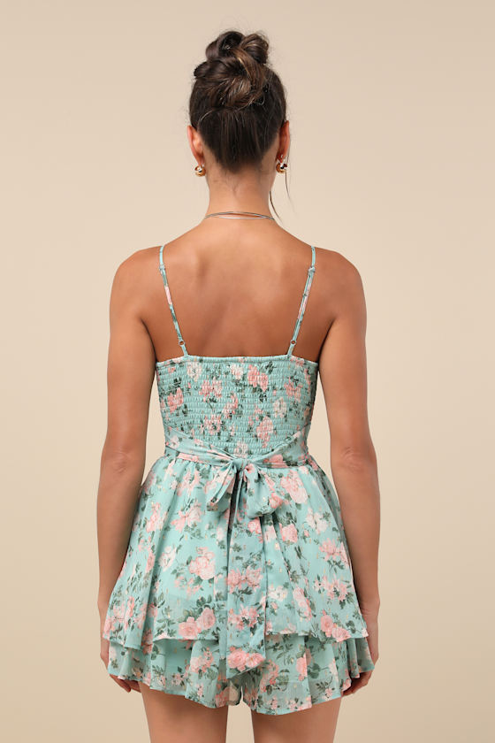 Divine Pick Green Floral Lurex Clip Dot Ruffled Skort Romper