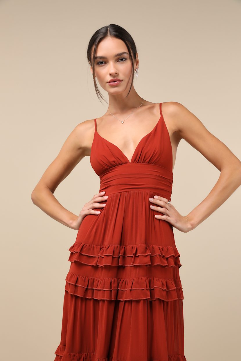 Lavish Perfection Rust Orange Ruffled Tiered Maxi Dress