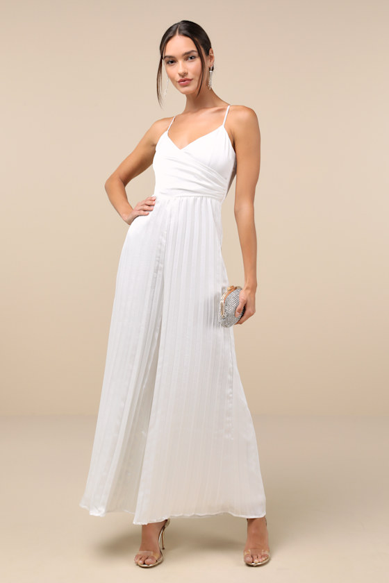 LULUS MEMORABLY SOPHISTICATED WHITE SATIN PLEATED BACKLESS JUMPSUIT