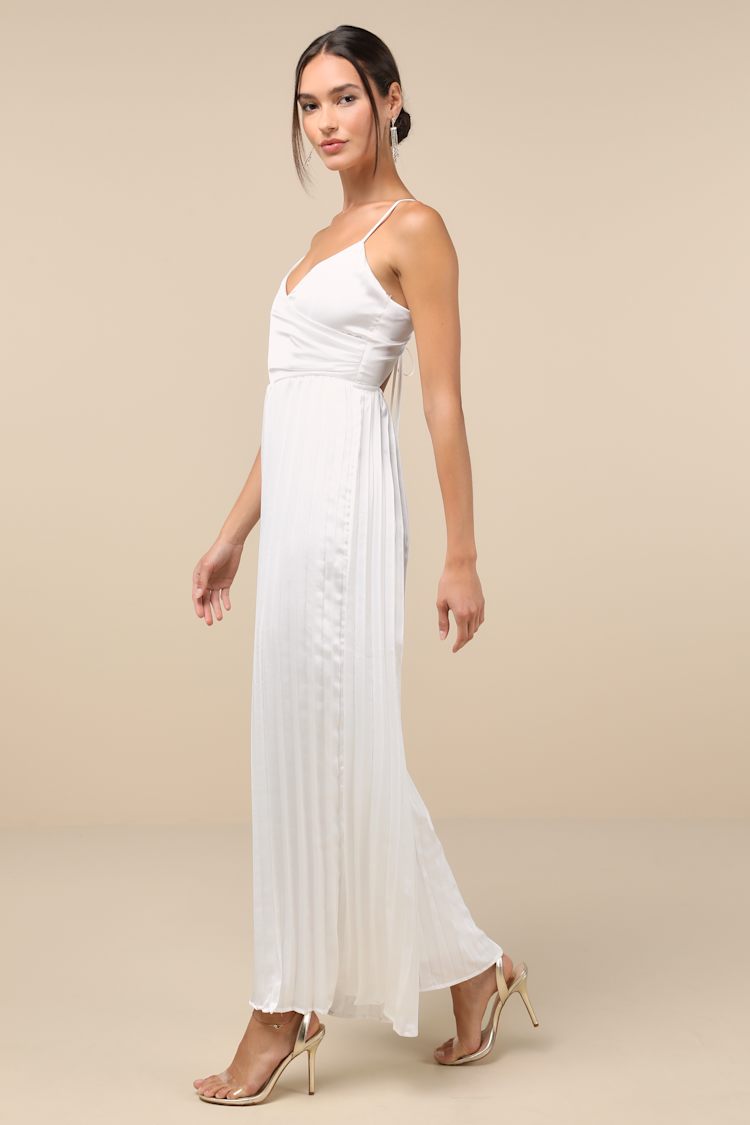 Memorably Sophisticated White Satin Pleated Backless Jumpsuit