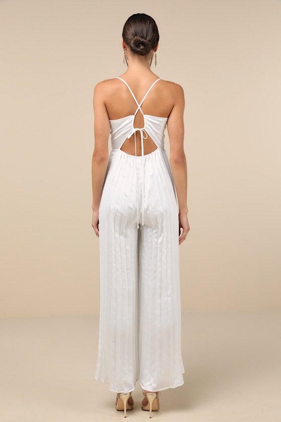 LULUS MEMORABLY SOPHISTICATED WHITE SATIN PLEATED BACKLESS JUMPSUIT