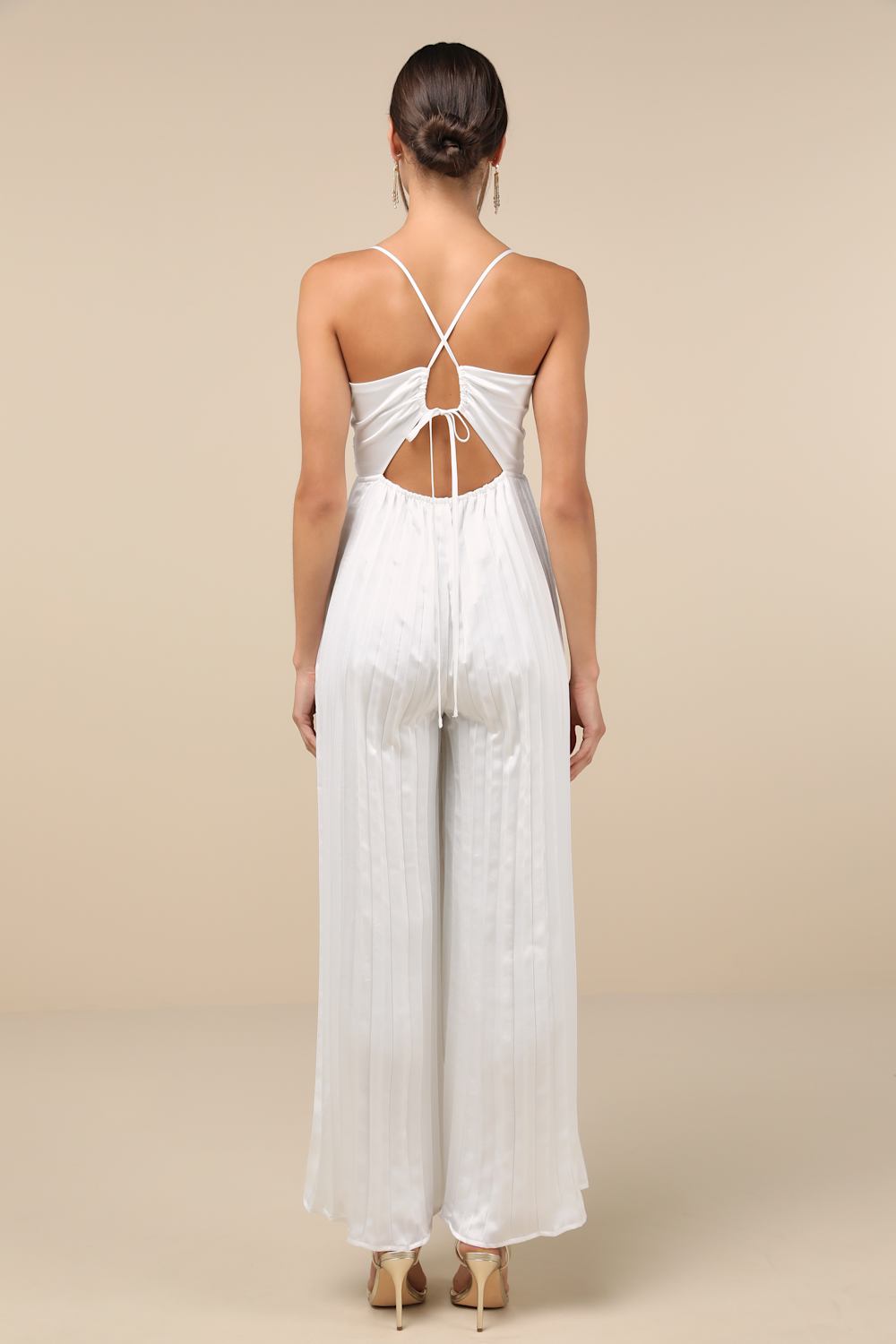 Memorably Sophisticated White Satin Pleated Backless Jumpsuit