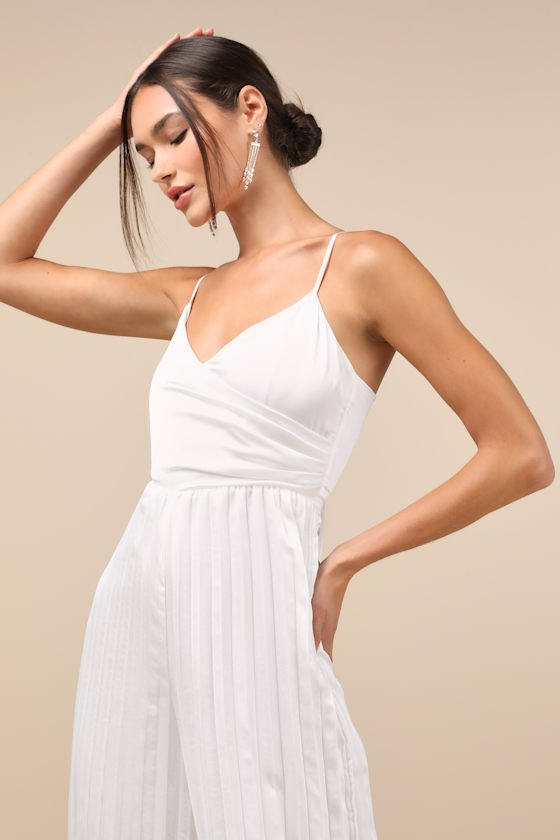 LULUS MEMORABLY SOPHISTICATED WHITE SATIN PLEATED BACKLESS JUMPSUIT