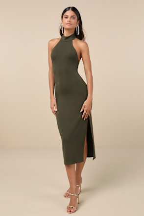 Olive Green Halter Dress - Chic Dress - Midi Cocktail Dress - Lulus Olive Green Halter Dress - Chic Dress - Midi Cocktail Dress - Lulus