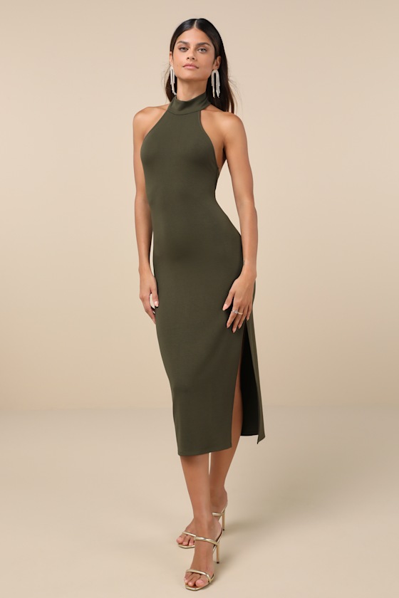 Simply Enchanted Olive Green Halter Midi Dress 5