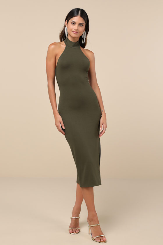Lulus Simply Enchanted Olive Green Halter Midi Dress In Olive Green