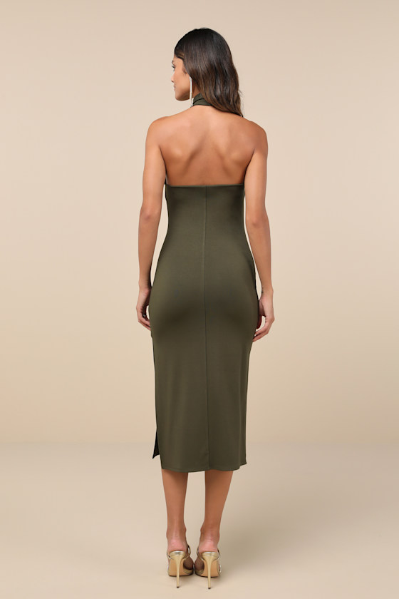 Lulus Simply Enchanted Olive Green Halter Midi Dress In Olive Green