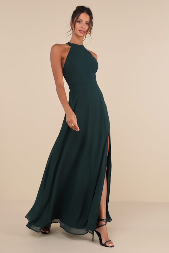 Confidently Charismatic Emerald Backless Halter Maxi Dress 1