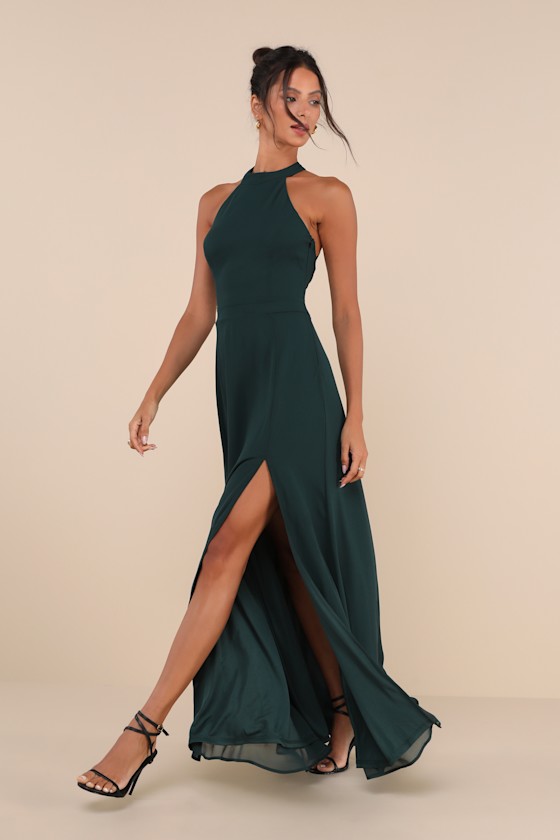 Lulus Confidently Charismatic Emerald Backless Halter Maxi Dress In Green