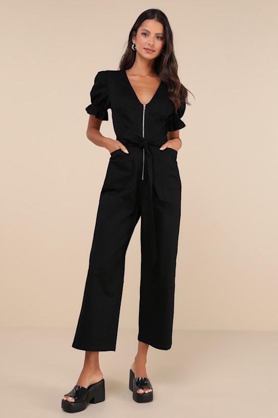 Image of Incredible Cutie Black Twill Puff Sleeve Zip-Front Jumpsuit