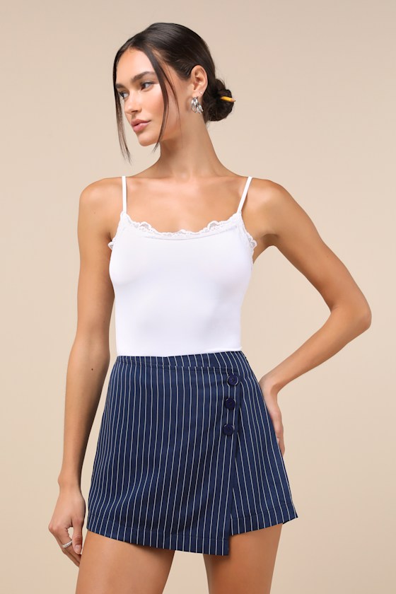 LULUS POISED CUTIE NAVY BLUE PINSTRIPED SIDE-BUTTON HIGH-RISE SKORT