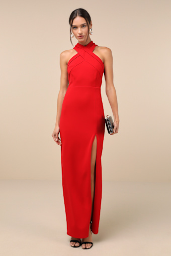 Head to Cocktail Hour Red Halter Neck Maxi Dress 5