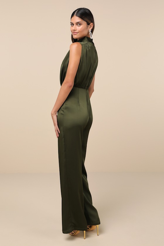 Lulus Classic Elegance Olive Green Satin Sleeveless Mock Neck Jumpsuit In Olive Green