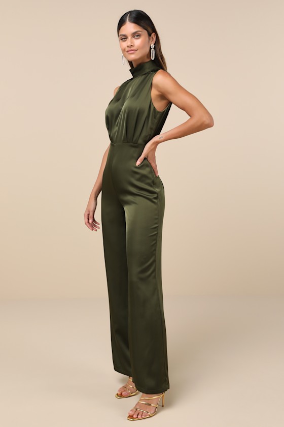 Lulus Classic Elegance Olive Green Satin Sleeveless Mock Neck Jumpsuit In Olive Green