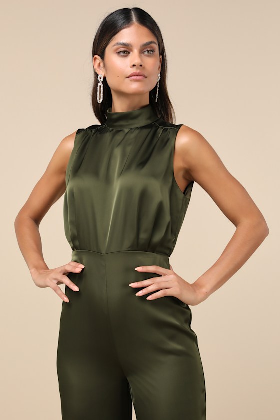 Lulus Classic Elegance Olive Green Satin Sleeveless Mock Neck Jumpsuit In Olive Green