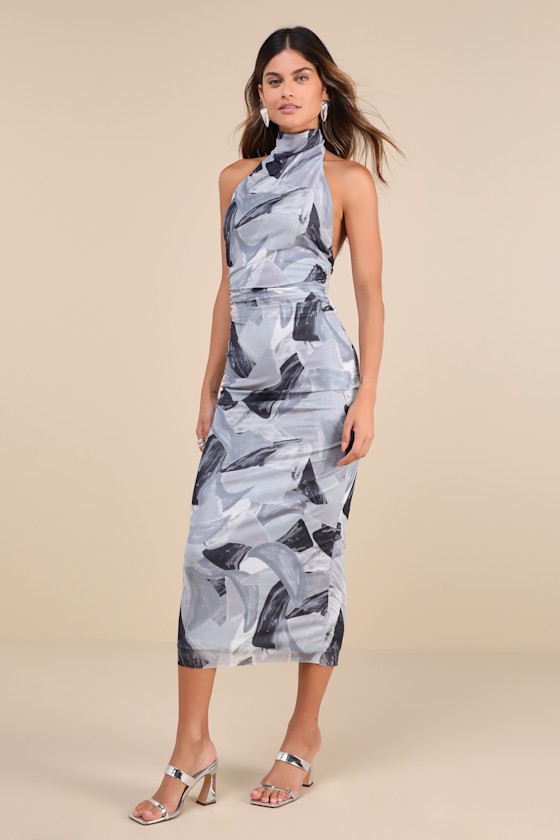 LULUS IDYLLIC IN IBIZA GREY ABSTRACT PRINT MOCK NECK HALTER MIDI DRESS