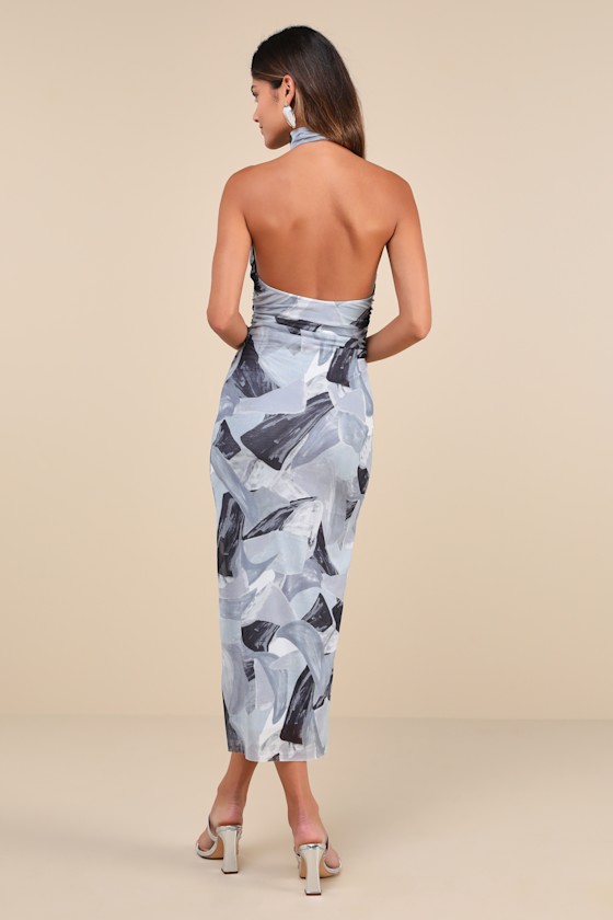LULUS IDYLLIC IN IBIZA GREY ABSTRACT PRINT MOCK NECK HALTER MIDI DRESS