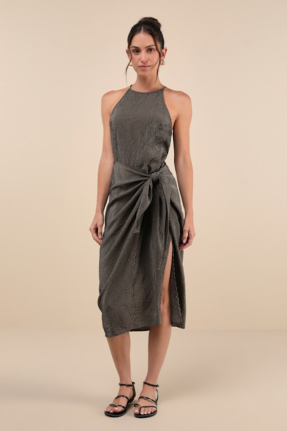 Lulus Amalfi Muse Black Striped Cutout Faux Wrap Midi Dress In Black