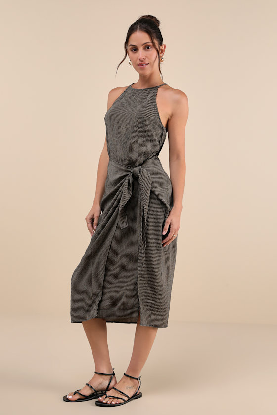 Amalfi Muse Black Striped Cutout Faux Wrap Midi Dress
