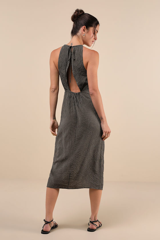 Lulus Amalfi Muse Black Striped Cutout Faux Wrap Midi Dress In Black