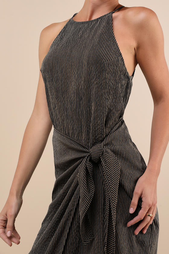 Lulus Amalfi Muse Black Striped Cutout Faux Wrap Midi Dress In Black