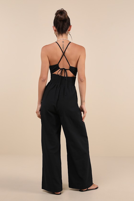 Lulus Covetable Vibe Black Linen Lace-up Backless Wide-leg Jumpsuit In Black