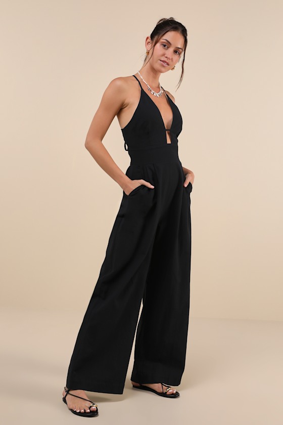 Lulus Covetable Vibe Black Linen Lace-up Backless Wide-leg Jumpsuit In Black