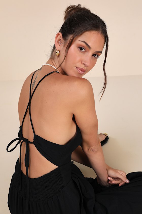 Lulus Covetable Vibe Black Linen Lace-up Backless Wide-leg Jumpsuit In Black