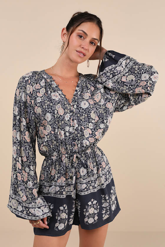 Charcoal Grey Boho Romper - Long Sleeve Romper - Button-Up