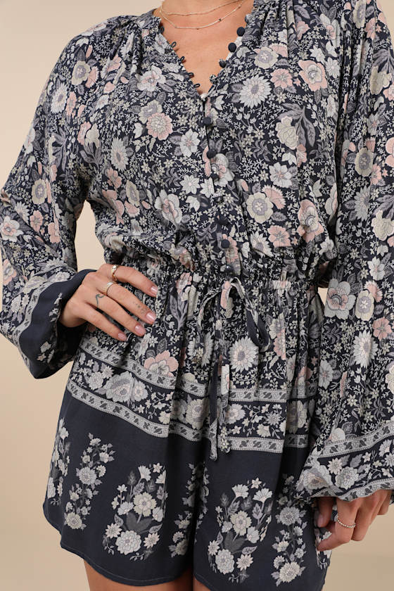 Lulus Traveled Aura Charcoal Grey Boho Button-front Long Sleeve Romper In Charcoal Grey