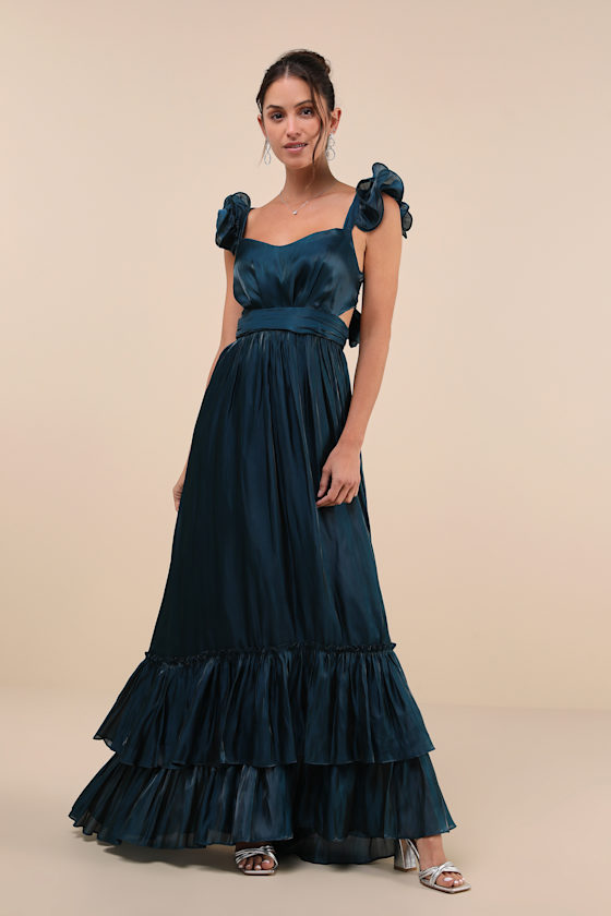 Lulus Pristine Glow Dark Teal Ruffled Tie-back Maxi Dress In Teal