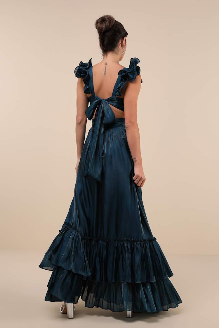 Pristine Glow Dark Teal Ruffled Tie-Back Maxi Dress