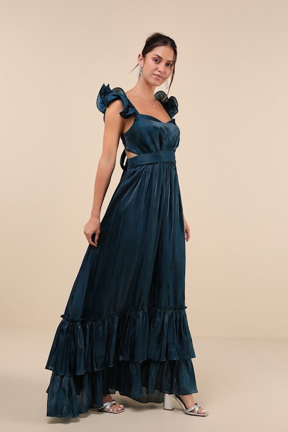 Lulus Pristine Glow Dark Teal Ruffled Tie-back Maxi Dress In Teal