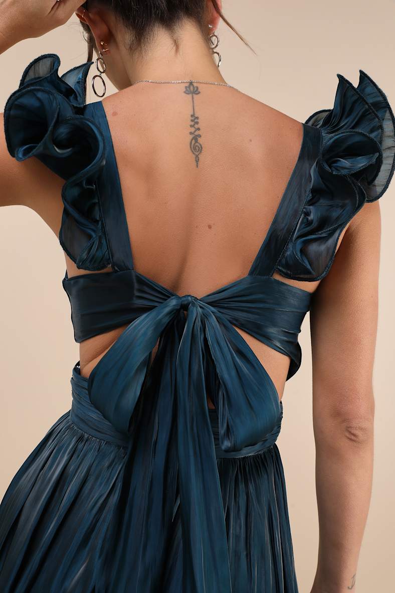 Pristine Glow Dark Teal Ruffled Tie-Back Maxi Dress