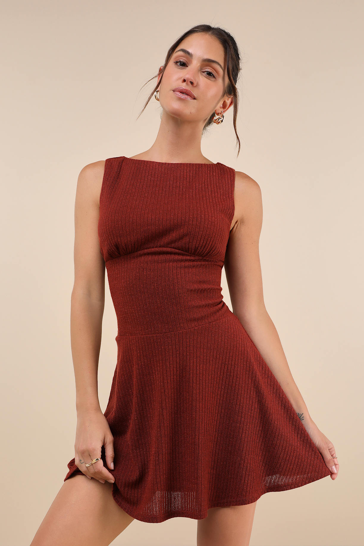 Modern Moves Brick Red Ribbed Knit Sleeveless Mini Dress