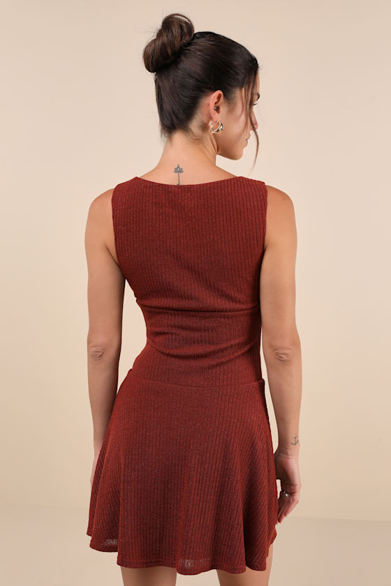 Lulus Modern Moves Brick Red Ribbed Knit Sleeveless Mini Dress In Orange