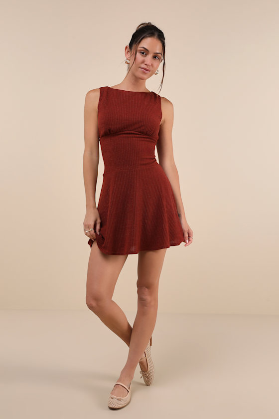 Lulus Modern Moves Brick Red Ribbed Knit Sleeveless Mini Dress In Orange