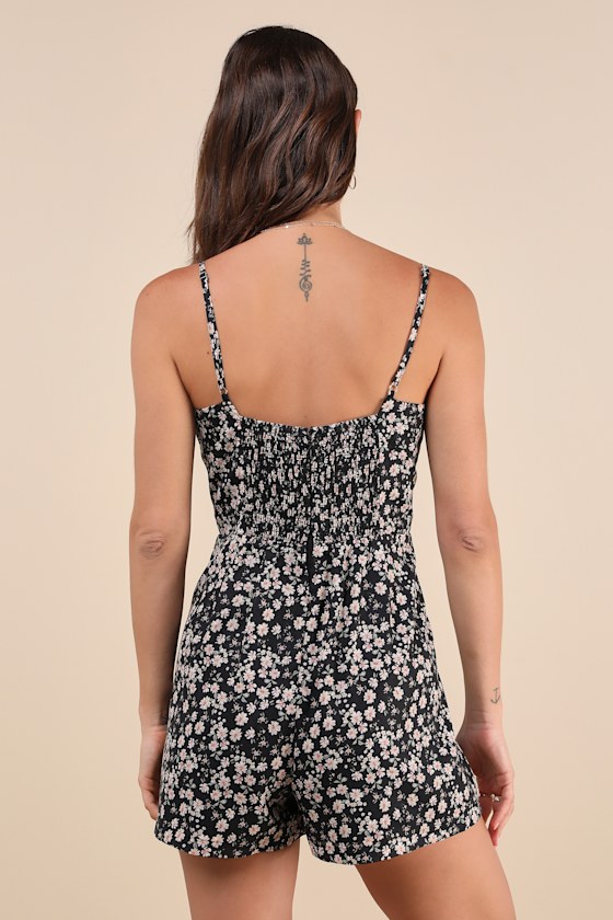 Lulus Flourishing Confidence Black Floral Sleeveless Skort Romper In Black