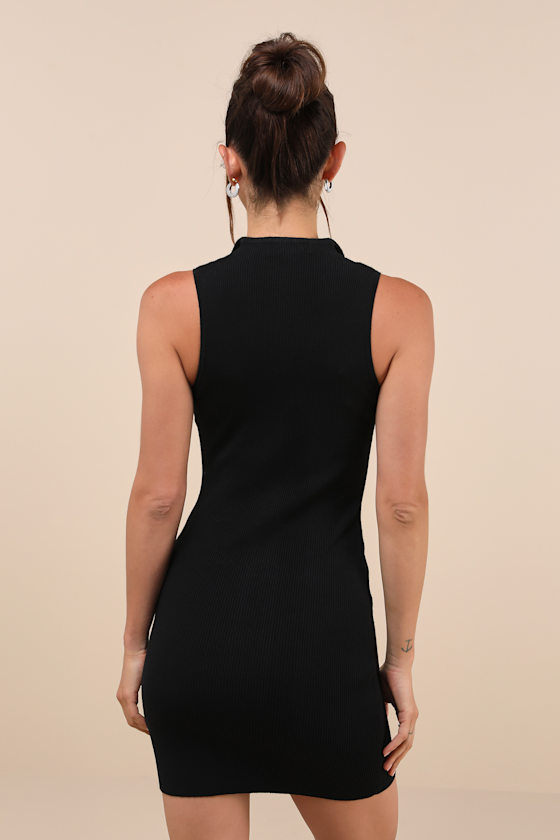 Lulus Enchanting Edge Black Ribbed Sleeveless Zip-front Mini Dress In Black