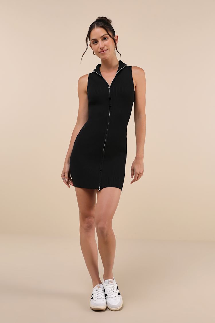 Black Mini Dress - Sleeveless Ribbed Knit Dress - Zip-Front Dress  