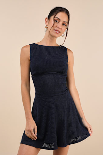 Modern Moves Navy Blue Ribbed Knit Sleeveless Mini Dress 1