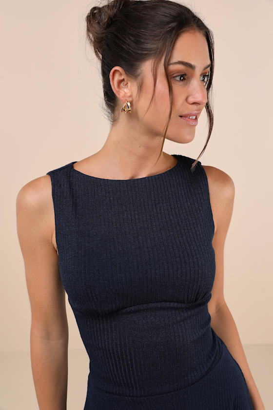 Lulus Modern Moves Navy Blue Ribbed Knit Sleeveless Mini Dress In Navy Blue