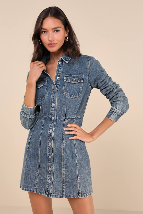 Trendy Approach Medium Wash Button-Front Long Sleeve Denim Dress 8
